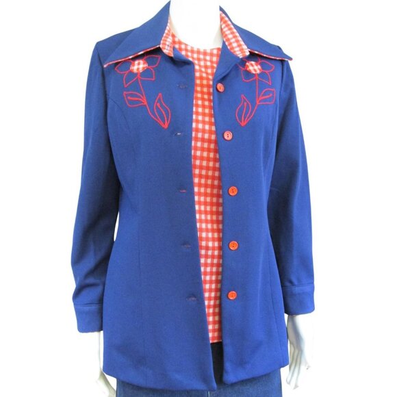 Vintage Flower Embroidery Navy Red Jacket and Checkered Vest Shirt Set - Picture 1 of 4